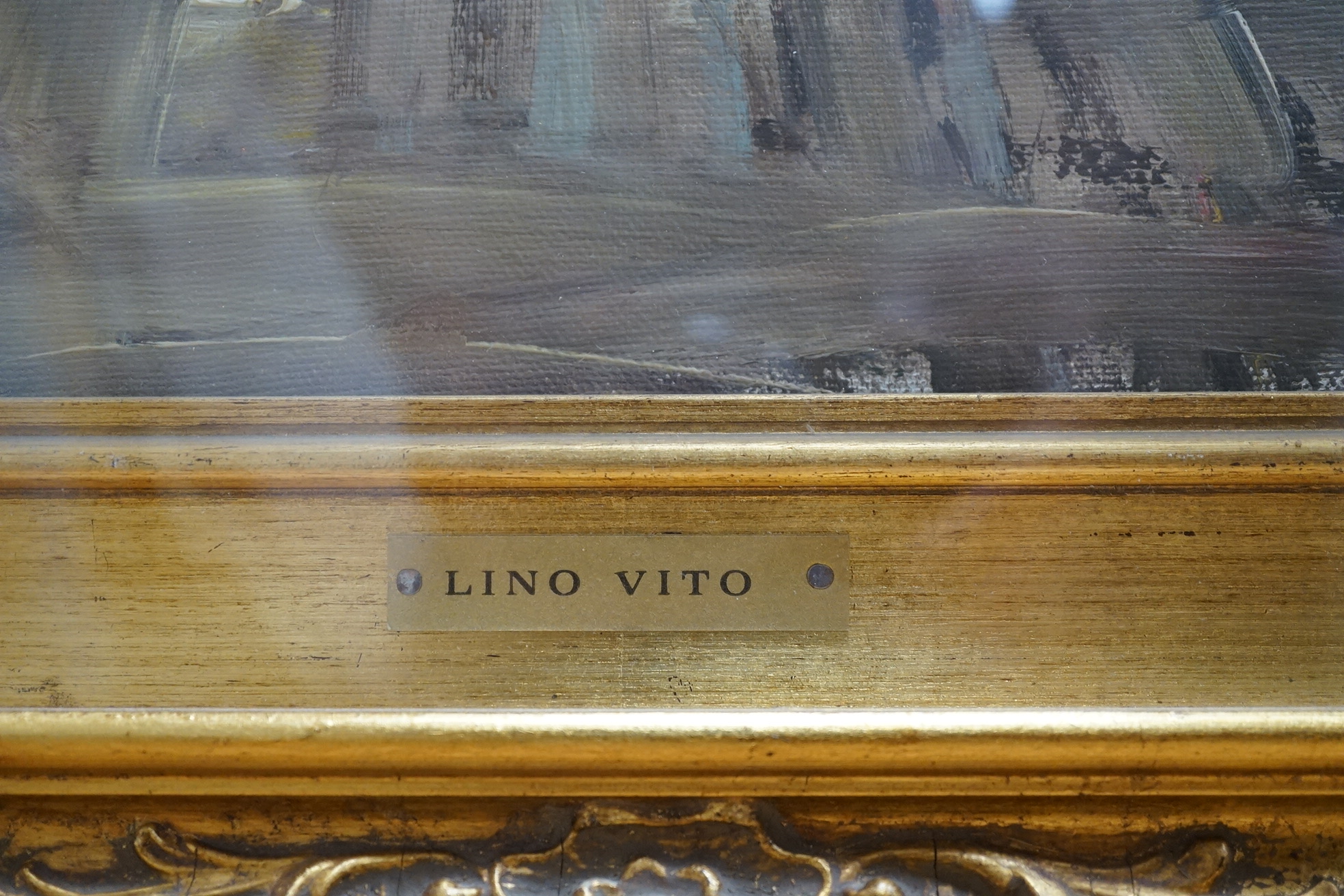 Lino Vito, oil on canvas, Continental street scene, 48 x 68cm, applied plaque to the frame. Condition - good